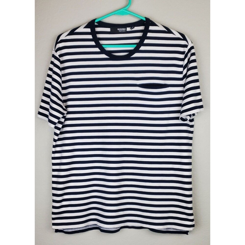 Murano Liquid Luxury Men's Large Black White Striped Pocket T-Shirt 100% Cotton